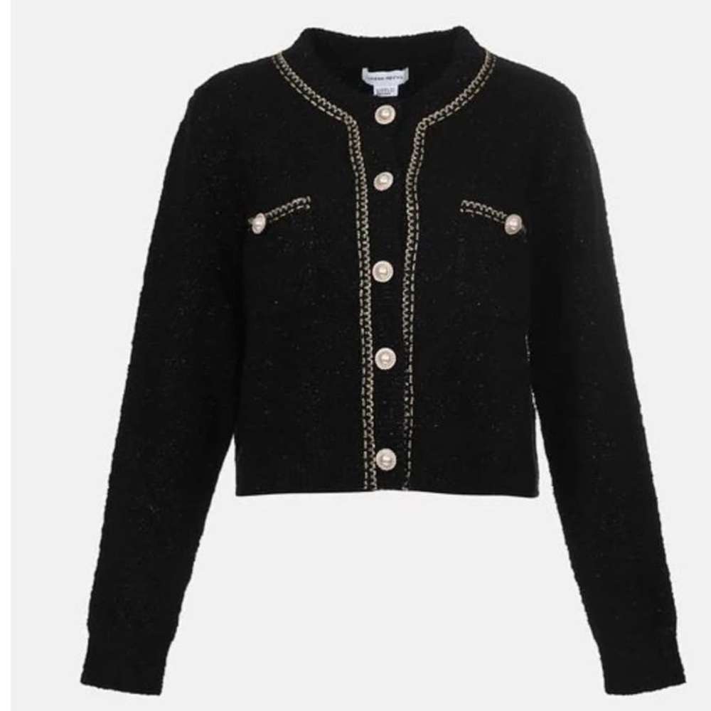 Urban Revivo Black fluffy contrast trim faux pearl button cardigan size Small